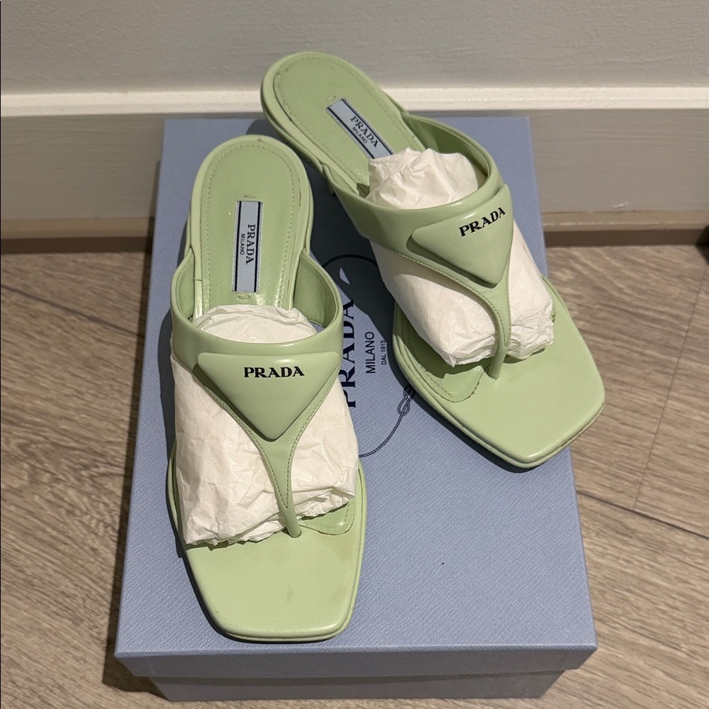 Prada Assenzio Green Padded Logo Kitten Heel Sandals